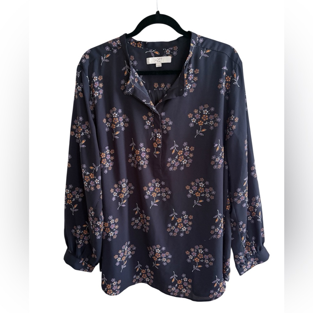 LOFT Navy Floral Long Sleeve Blouse Size 20